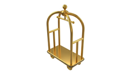 Elegant golden luggage cart exudes luxury travel and impeccable service, perfect for hotel branding and high-end hospitality marketing