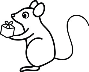 Adorable cartoon mouse holding a small gift box with a bow, black and white line art