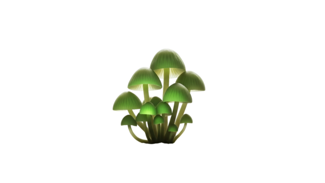 Cluster of Luminous Green Mushrooms on Transparent Background Glowing Fungi with Soft Light Botanical Illustration Fantasy Forest Element Natural