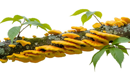 Vibrant Yellow Shelf Fungi Growing on Mossy Branch with Green Leaves Against Transparent Background