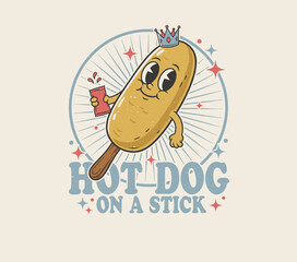 Corn Dog King Retro Mascot.Hot Dog on a Stick Illustration.Vintage Food Cartoon Character.Groovy Snack Print Design.Fun Fast Food Graphic Art