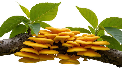 Vibrant Yellow Bracket Fungus Growing on a Branch Against Transparent Backdrop with Lush Green Leaves Close Up