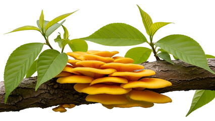 Vibrant Yellow Mushrooms on a Fallen Branch with Lush Green Leaves Against Transparent Backdrop