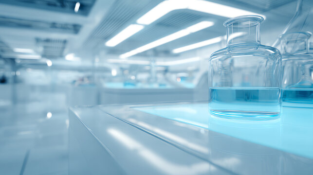 Close-up of glass laboratory bottles with blue liquid reflecting modern scientific research within a clean environment.