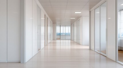 Fototapeta premium Daily office cleaning routine, Modern, bright office corridor with glass-walled rooms, minimalist design, and large windows providing natural light in a professional workspace.