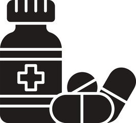 Silhouette vector of Medicine bottle. Black Medicine bottle. Icon of medical pill bottle with cap. Solid medical bottle with pill. glyph icon of medicine jar. 