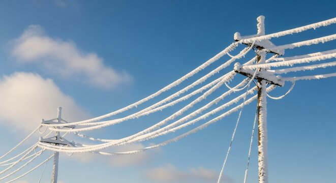 Power lines and utility pole covered in thick hoarfrost against a clear blue sky. Winter conditions impacting infrastructure and electricity. - Powered by Adobe