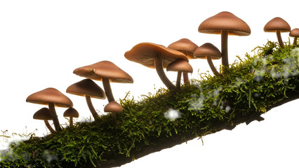 Row of Brown Mushrooms on Mossy Branch Against Transparent Background With Dramatic Lighting For Stock Photography And Commercial Use