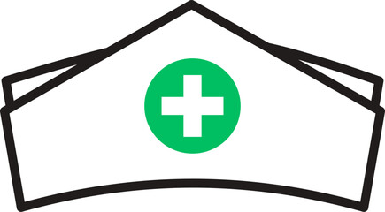 Line art vector of Nurse cap. Icon of nurse cap. Outline of White nurse cap with green cross and green stripe medical healthcare