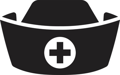 Silhouette of Nurse cap. Black nurse cap. Solid icon of nurse cap. Black nurse cap silhouette with white cross isolated on white background.
