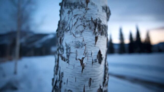 Close-up of a birch tree trunk with peeling bark against a snowy landscape and blurred background