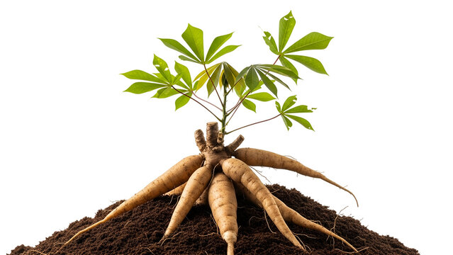 Cassava Plant with Roots and Green Leaves Isolated on Transparent Background Close Up Studio Shot
