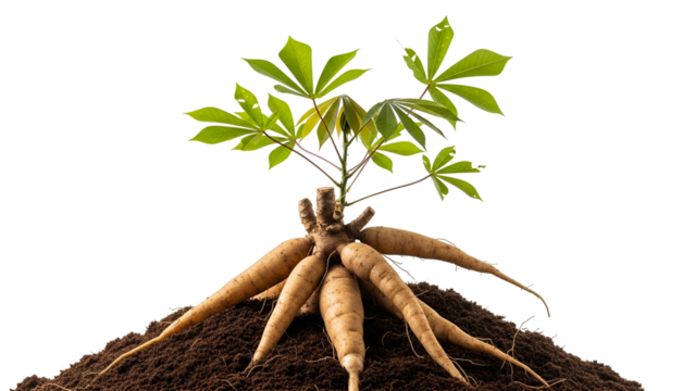 Cassava Plant with Roots and Green Leaves Isolated on Transparent Background Close Up Studio Shot