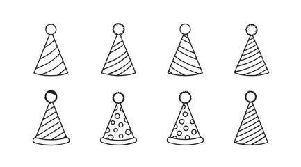 Collection of eight hand drawn birthday party hats in a simple silhouette style