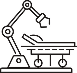 Illustration of Operation Table with Surgical Equipment. Vector of surgical table. Outline of surgical table with straps, ready for medical procedures. Operating table and lamp