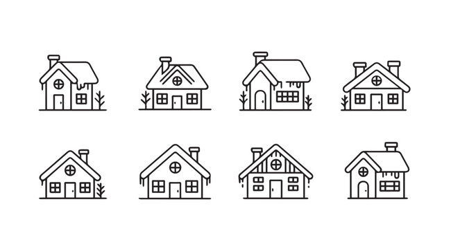 Collection of eight simple hand drawn house silhouettes with roofs and windows silhouette