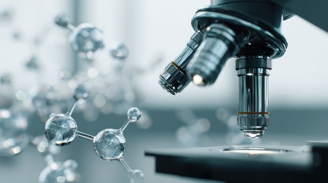 Abstract laboratory microscope with blurred molecules background for science - Powered by Adobe
