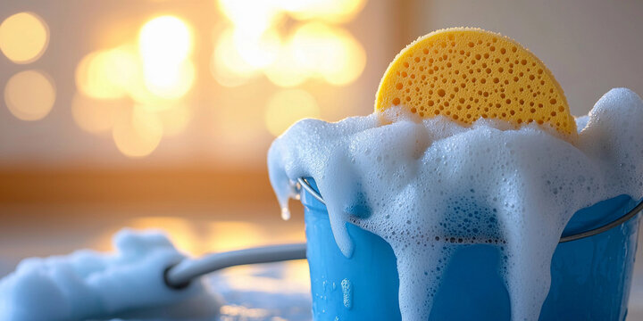 Blue bucket filled with soapy water and sponge in sunlight Generative AI