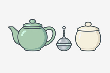 Traditional tea set elements featuring a green ceramic teapot, metal infuser, and sugar bowl