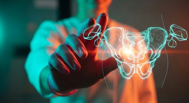 Doctor using futuristic virtual reality technology to analyze a human pelvis hologram. A concept of advanced medical diagnosis and healthcare innovation