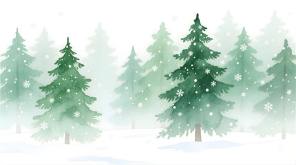 Fototapeta premium Loose watercolor forest cluster, several pine trees in varying shades of green fading into white mist, snowflakes scattered gently — peaceful and dreamy.