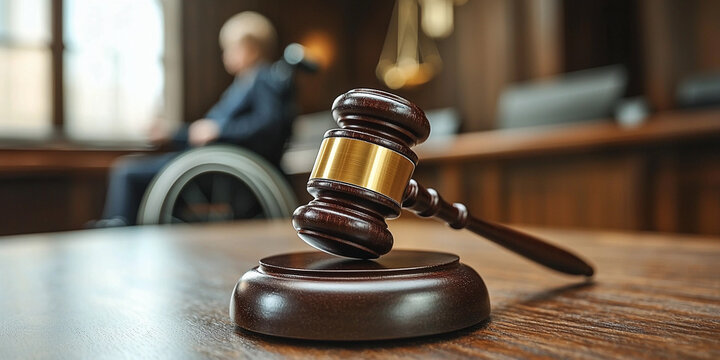 Gavel positioned on courtroom table during legal proceedings Generative AI - Powered by Adobe