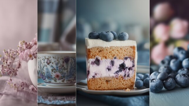 collage design of delicious juicy cake pices with blueberry against pastel cosy home interior