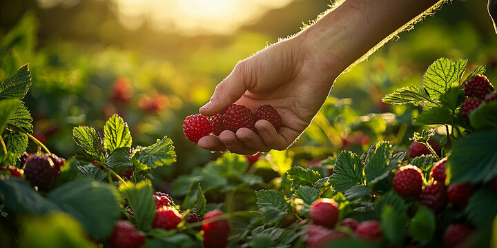 Picking ripe raspberries at sunset in a lush field Generative AI