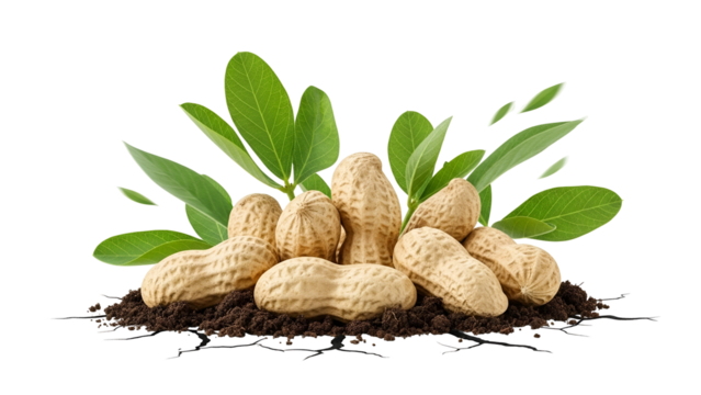Pile of Peanuts with Green Leaves on Dark Soil Against Transparent Background