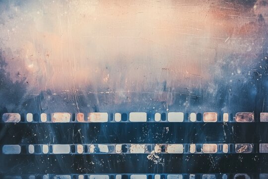 Painting of a film strip with frames depicting various cinematic scenes and imagery