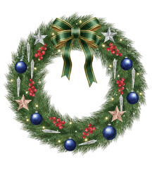 Elegant Christmas Wreath with Green Bow and Blue Ornaments