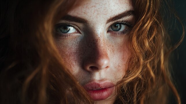 Captivating close-up of a freckled redhead woman displaying natural beauty