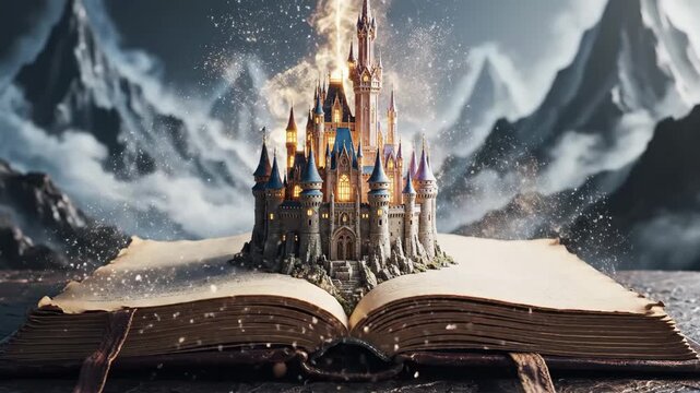 Open antique book reveals a shimmering pop-up fairytale castle amid magic dust and misty mountains, evoking childhood wonder, storytelling and imaginative escape
