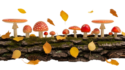 Autumnal Still Life of Fly Agaric Mushrooms on a Mossy Log with Falling Yellow Leaves on Transparent Background