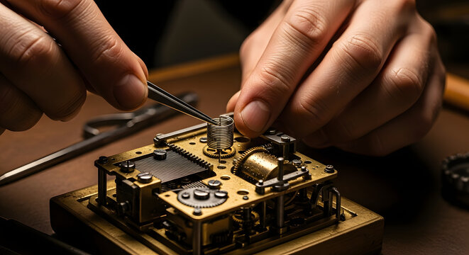 Close-up of a skilled craftsman meticulously repairing a vintage music box with precision tools, Detailed shot of a watchmaker carefully assembling a complex mechanical movement with expert hands