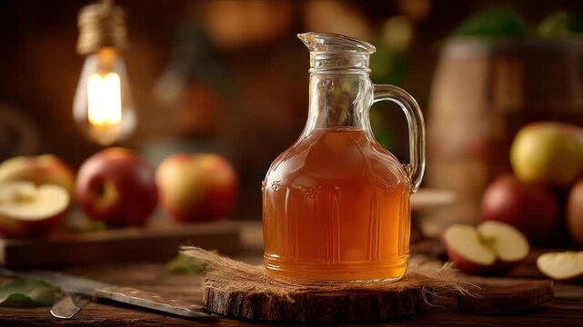 Glass pitcher filled with amber liquid sits on wood, surrounded by apples, knife, & blurred light