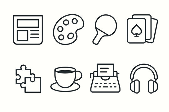 Simple black outline icons of modern activities and hobbies for versatile use