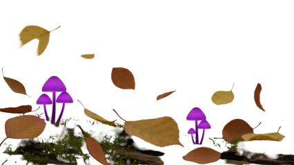 Autumnal Forest Floor with Purple Mushrooms and Scattered Leaves on Transparent Background
