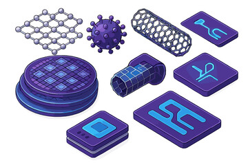 Isometric set of nanotechnology elements including graphene, virus structure, carbon nanotube, and microchips