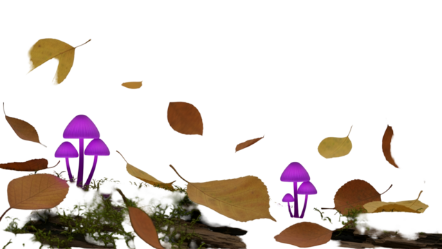 Autumnal Forest Floor with Purple Mushrooms and Scattered Leaves on Transparent Background