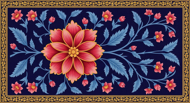 Intricate persian floral pattern with a large central bloom and smaller blossoms, set against a deep blue background with a decorative border