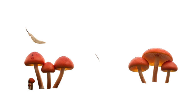 Groups of Red Toadstools with Brown Stems and Gills Isolated on Transparent Background Illuminated with a Soft Glow