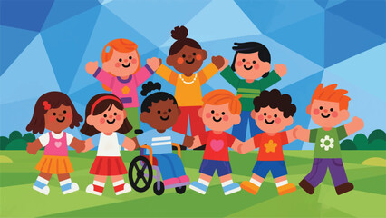 Illustration Of A Group Of Children Of Different Races Holding Hands Vector Design Template