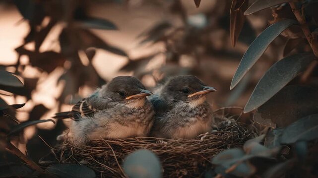 Two fledgling birds nestled in a woven nest among leaves, bathed in soft light