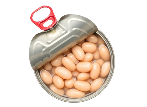 Open can of white beans with pull tab isolated on transparent background