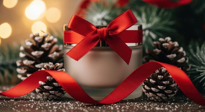 Festive candle with red bow and pine cones, perfect for holiday celebrations and winter decor