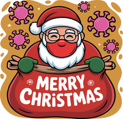 Santa Claus wearing mask with virus icons and Merry Christmas sack coronavirus