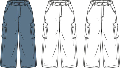 Cad drawing flat vector illustration, cropped cargo pants design, fashion sketch, garment blueprint, clothing template, apparel construction, technical style