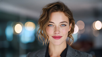 Confident woman smiling in modern office, showcasing professionalism and approachability in a business environment.