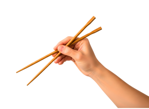 Hand holding wooden chopsticks isolated on transparent background